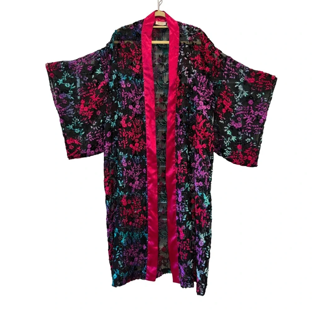 Vintage Victorias Secret Gold label Kimono Robe Pink Black Floral Burnout Velvet